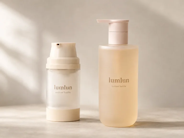One frosted LumLun airless pump bottle beside one tall amber-toned LumLun lotion pump bottle