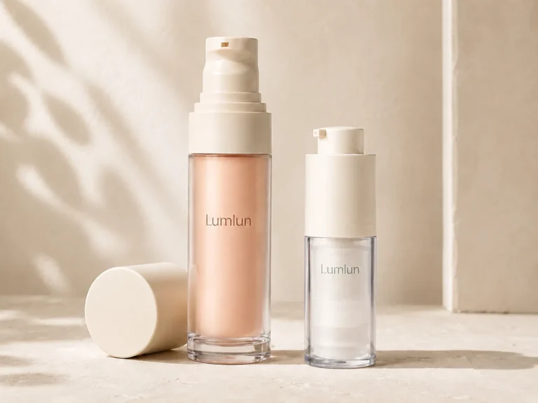 Two LumLun cylindrical airless bottles with clear outer shells, one with a peach inner bottle and one with a visible white piston