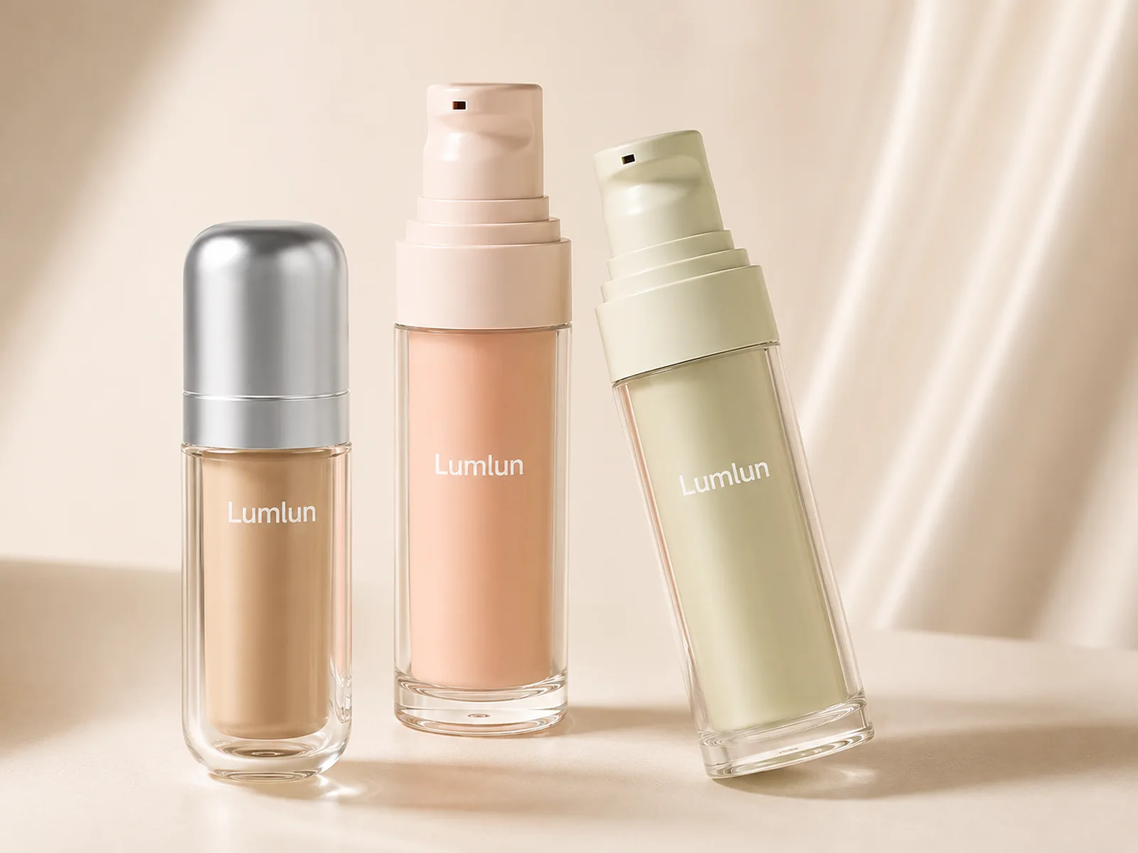 Three LumLun clear thick-wall airless bottles with beige, peach and sage inner bottles and different pump-cap finishes