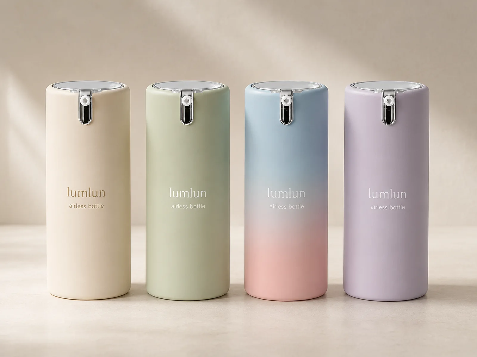 Four LumLun airless lotion bottles in ivory, sage green, blue-to-pink gradient and lavender finishes