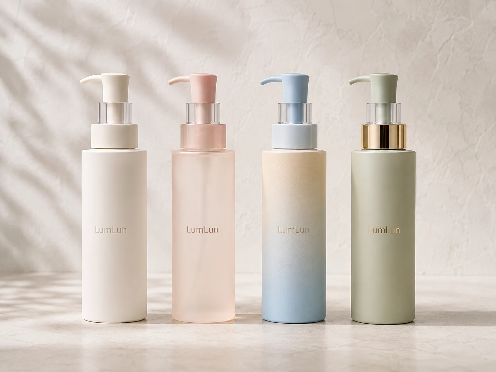 Four LumLun body lotion pump bottles in ivory, blush pink, pale blue and sage green with coordinated metallic details