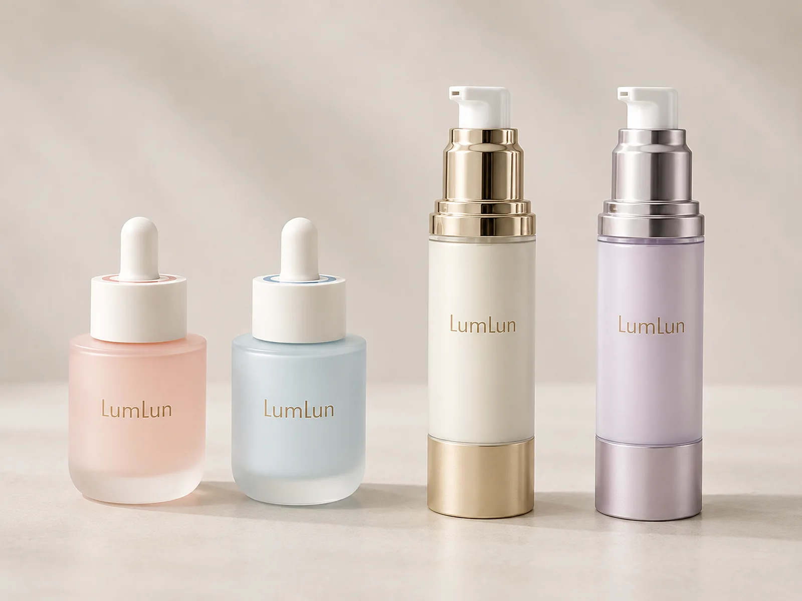 Two pastel LumLun dropper bottles beside two airless pump bottles with gold and silver metallic details