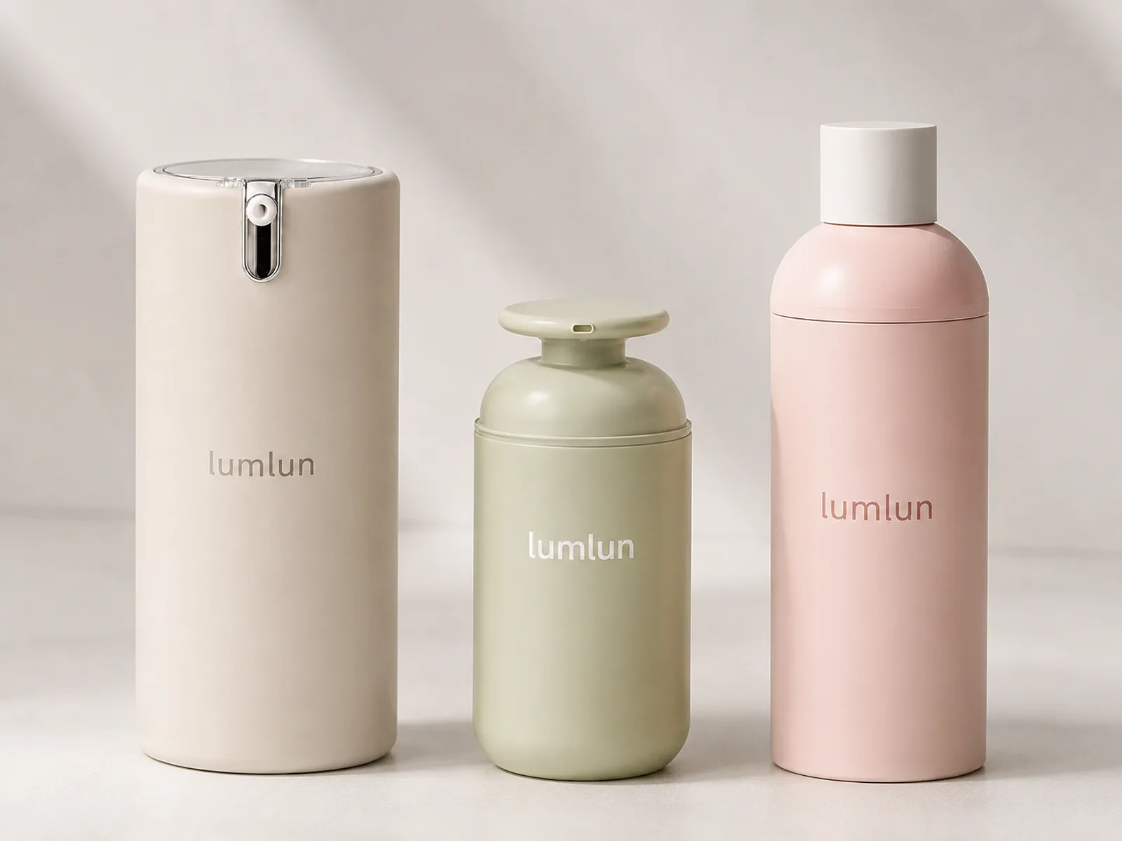 Three LumLun lotion bottles with tall rectangular, compact rounded and pink cylindrical shapes