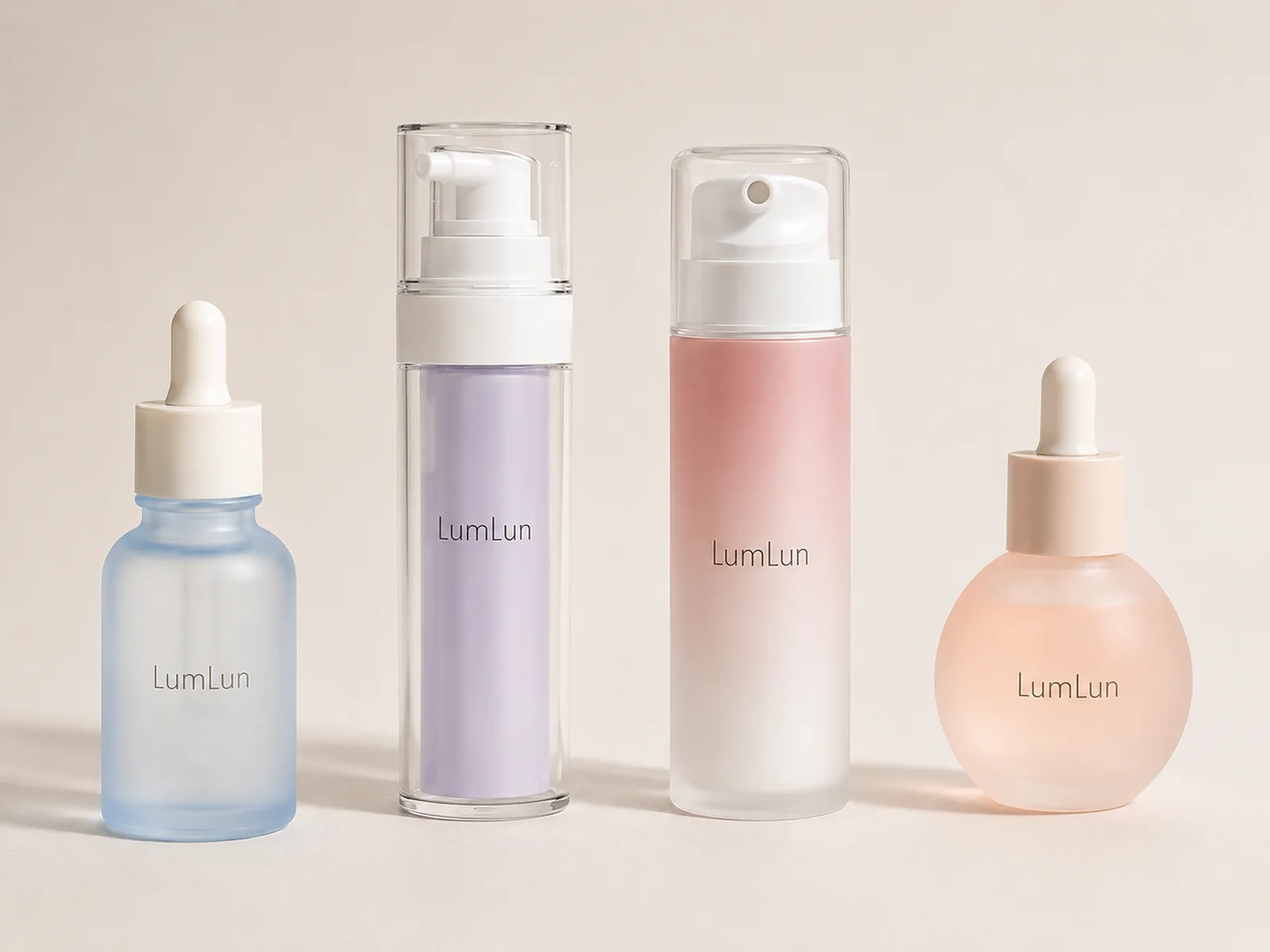 Two LumLun serum dropper bottles and two airless pump bottles in blue, lavender, pink and peach finishes
