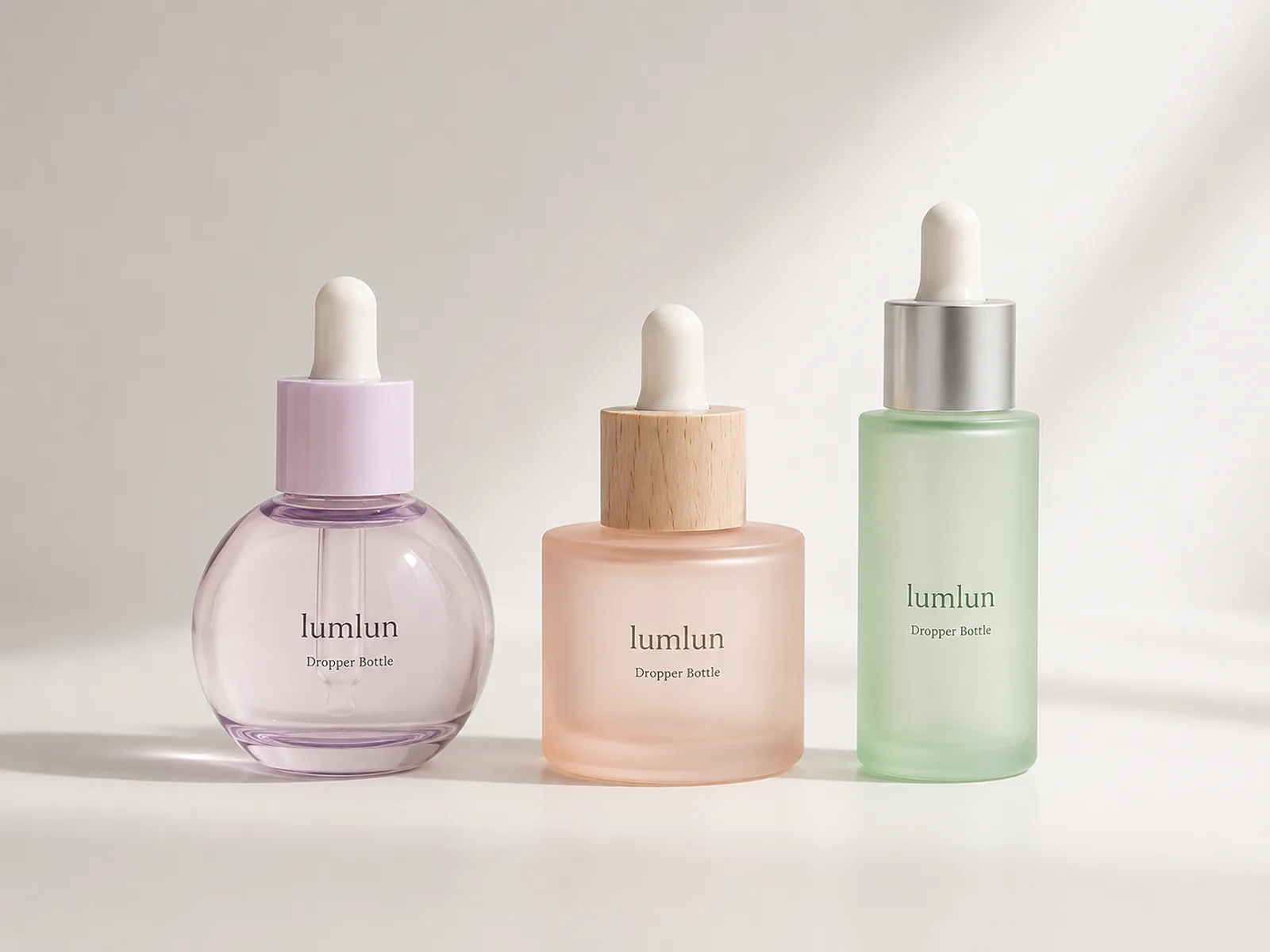 Three LumLun dropper bottles with round, wide cylindrical and tall slim shapes in lavender, peach and green finishes