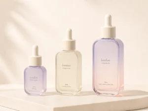 Three rectangular LumLun dropper bottles in 15ml, 30ml and 50ml sizes with lavender, ivory and pink finishes