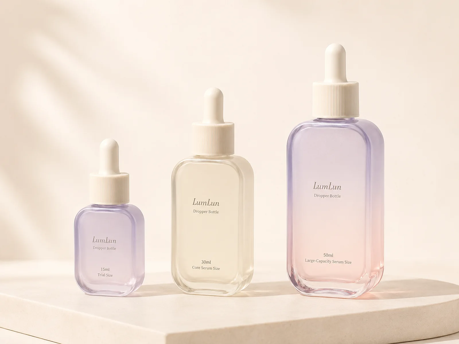 Three rectangular LumLun dropper bottles in 15ml, 30ml and 50ml sizes with lavender, ivory and pink finishes