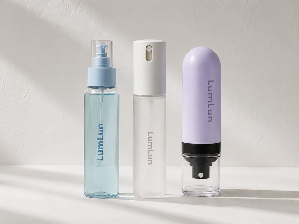 Three LumLun facial mist bottles in clear blue, frosted white and lavender capsule-shaped packaging designs