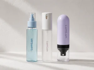 Three LumLun facial mist bottles in clear blue, frosted white and lavender capsule-shaped packaging designs