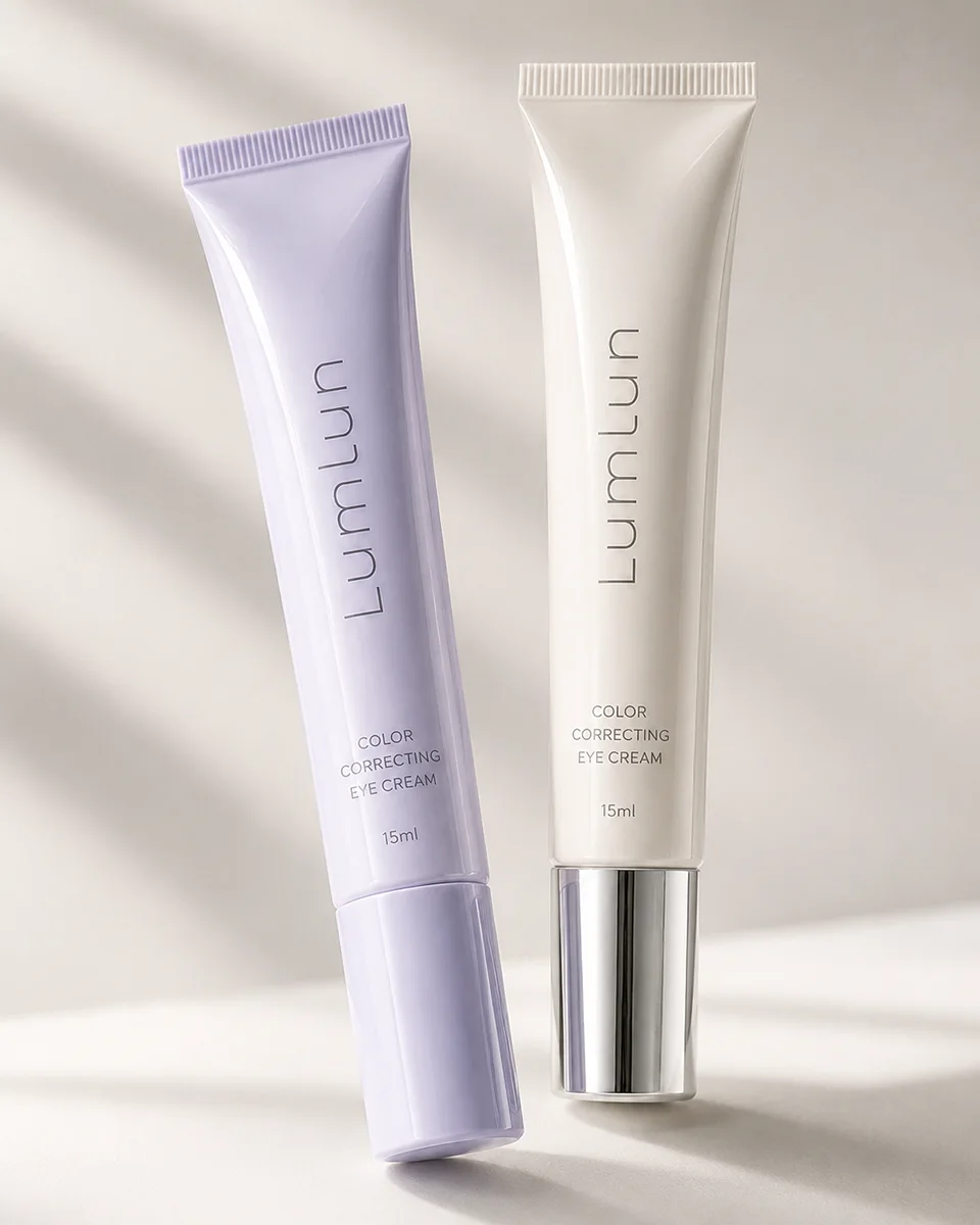LumLun glossy finish eye cream tubes in lavender and ivory with metallic caps