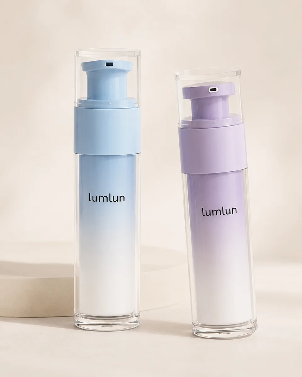 LumLun airless pump bottles with soft blue and lavender gradient color effects