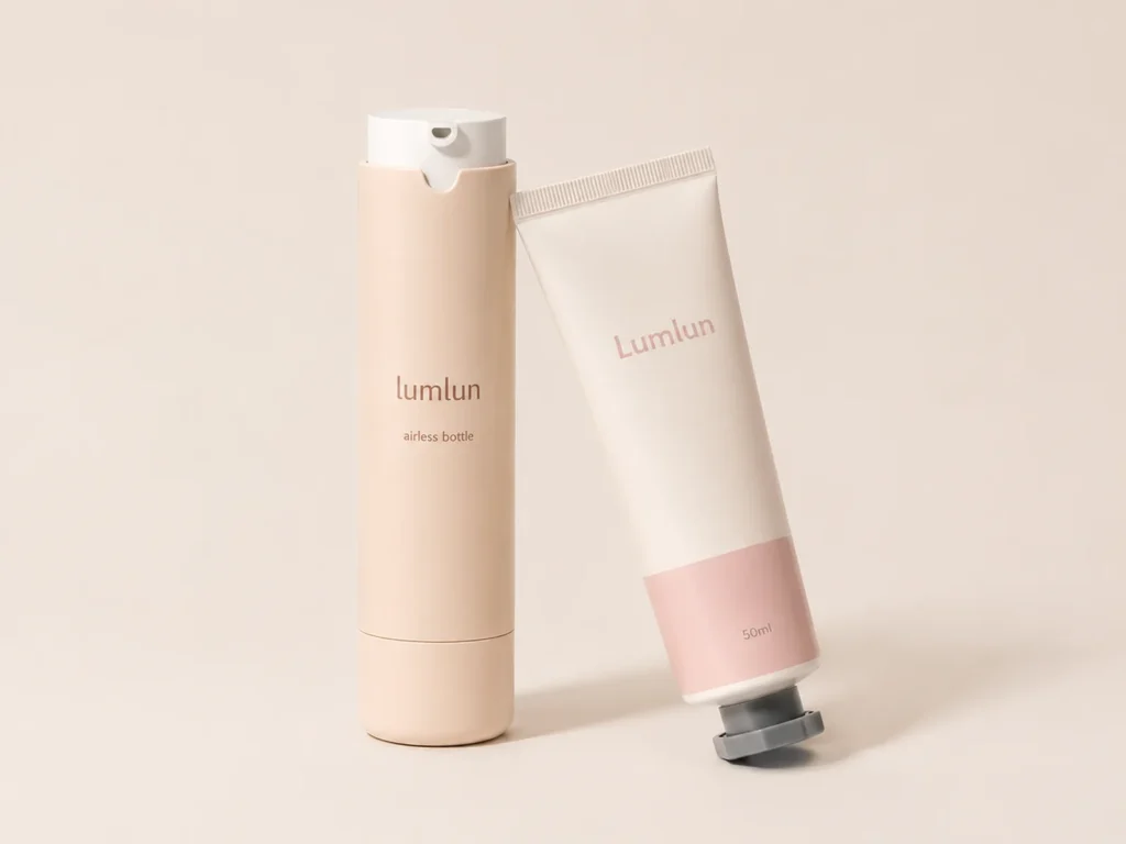 One peach LumLun airless bottle beside one 50ml ivory and pink hand cream squeeze tube