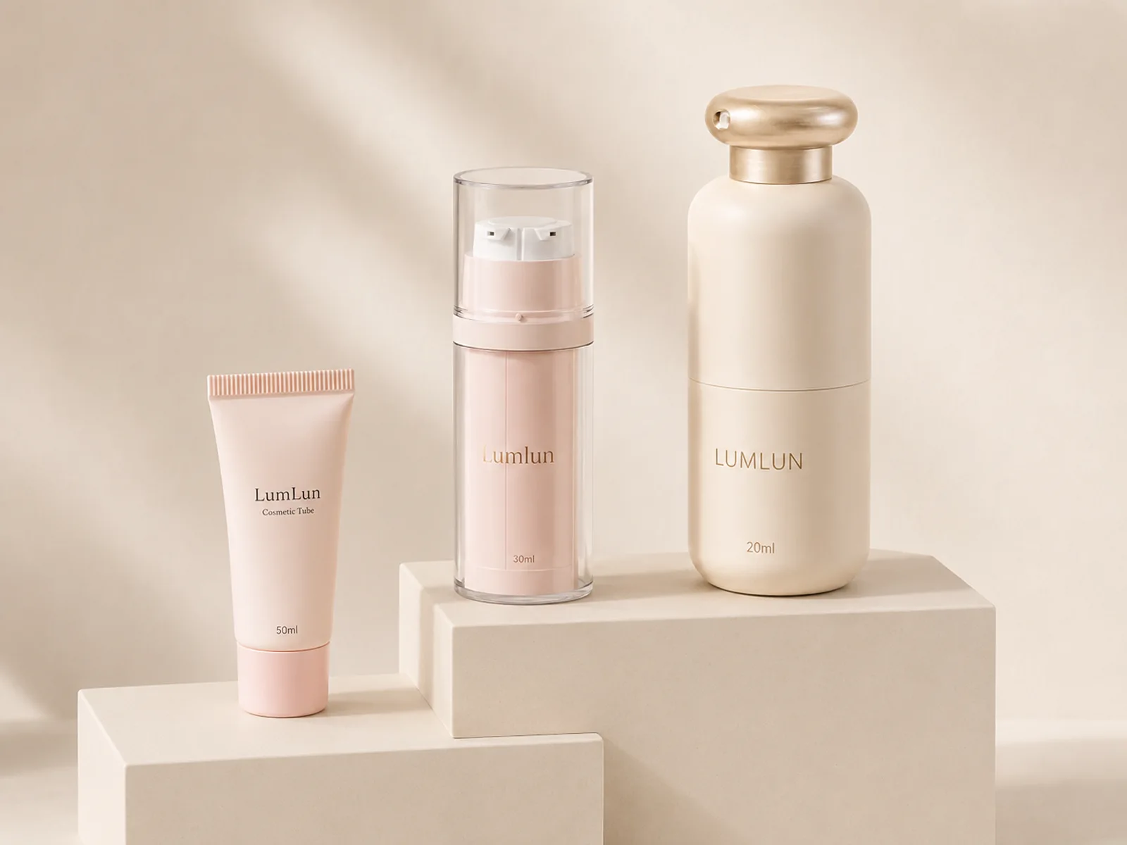 Three LumLun hand cream packages including a 50ml squeeze tube, 30ml airless bottle and 20ml rounded dispenser bottle