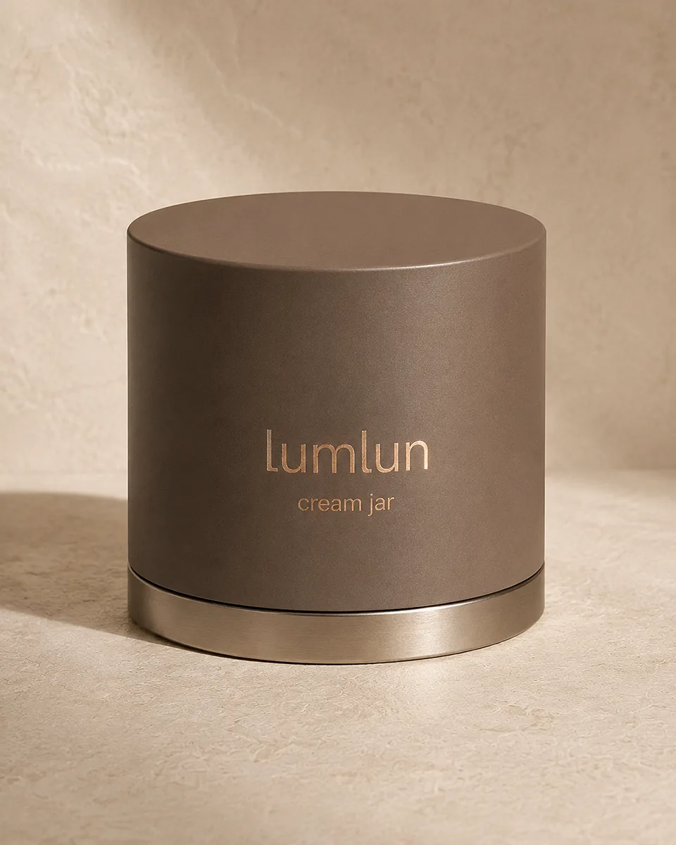 LumLun cream jar with metallic gold hot stamped logo and premium matte brown finish