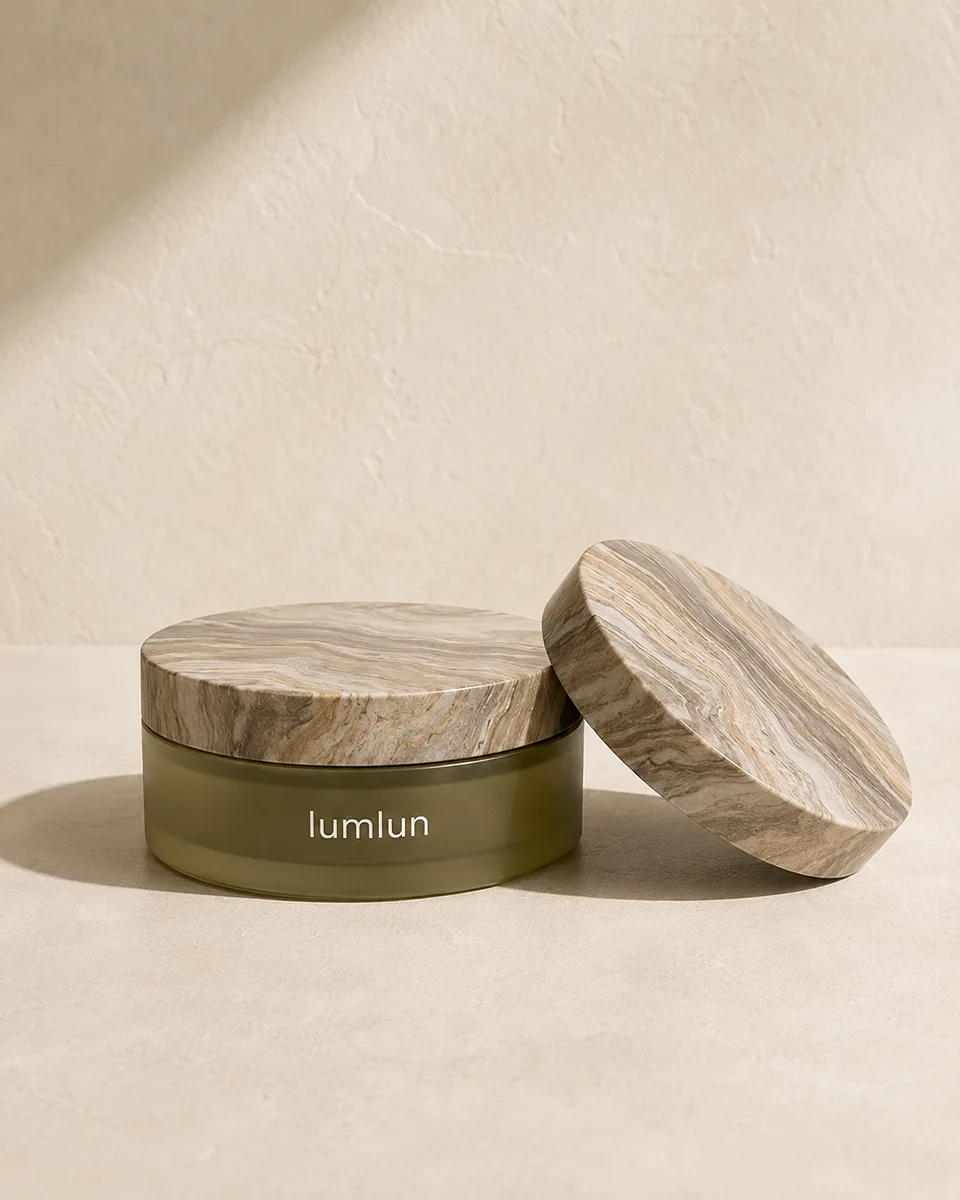 LumLun cream jar and matching lids with hydrographic marble pattern printing