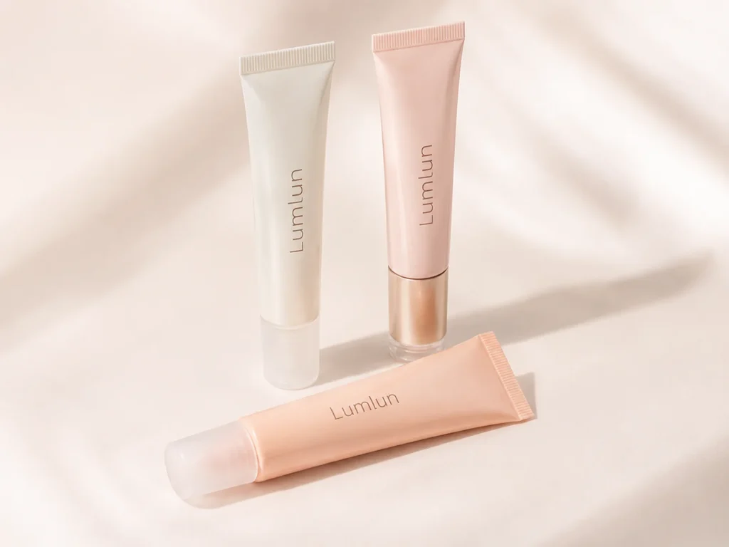 Three slim LumLun lip balm squeeze tubes in ivory, blush pink and peach finishes with clear and metallic-effect caps