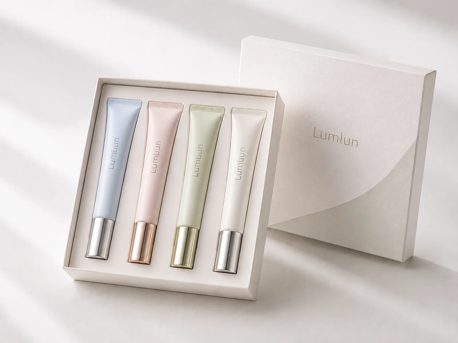 LumLun lip gloss squeeze tube color range arranged in a coordinated gift box
