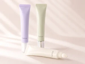 Three slim LumLun lip gloss squeeze tubes in clear, blush and pearl finishes with coordinated caps