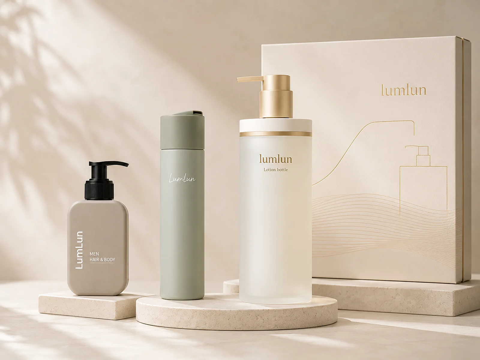 Three LumLun body care bottles with pump and airless dispensers displayed beside a coordinated cream gift box