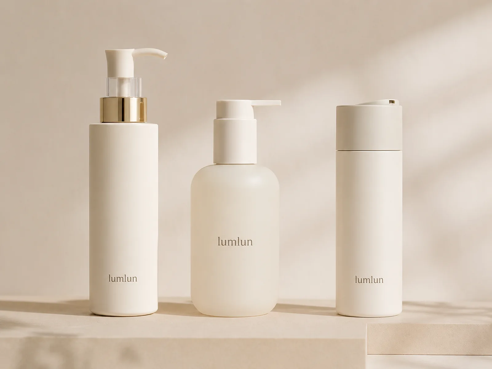 Three ivory LumLun lotion pump bottles with tall cylindrical, wide rounded and slim dispenser shapes