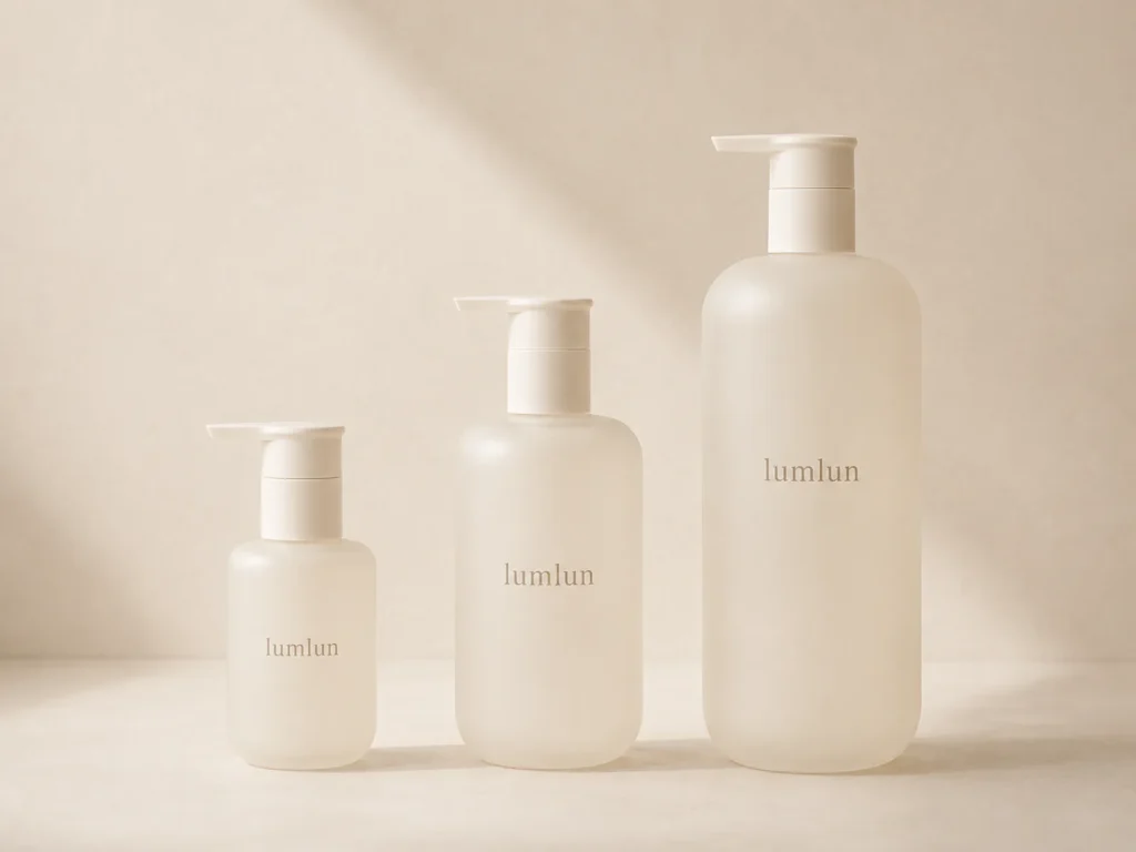 Three frosted ivory LumLun lotion pump bottles in 100ml, 250ml and 500ml sizes arranged from smallest to largest