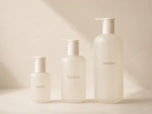 Three frosted ivory LumLun lotion pump bottles in 100ml, 250ml and 500ml sizes arranged from smallest to largest