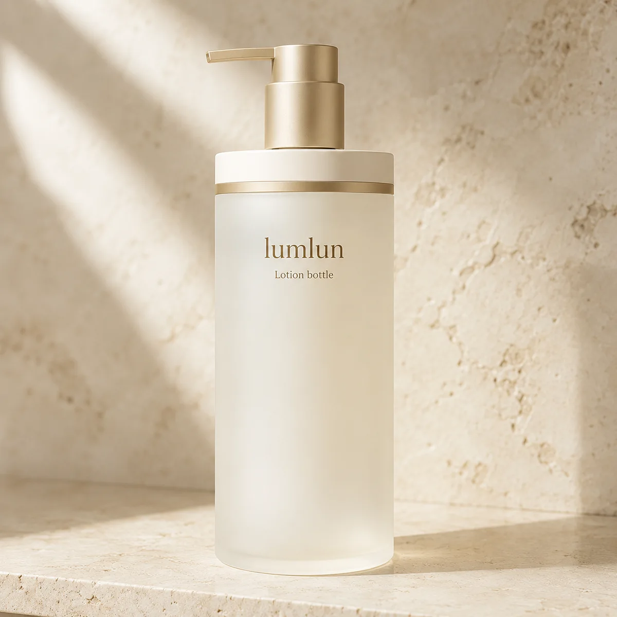 Single frosted Lumlun pump bottle with a gold dispenser on a warm textured studio background.