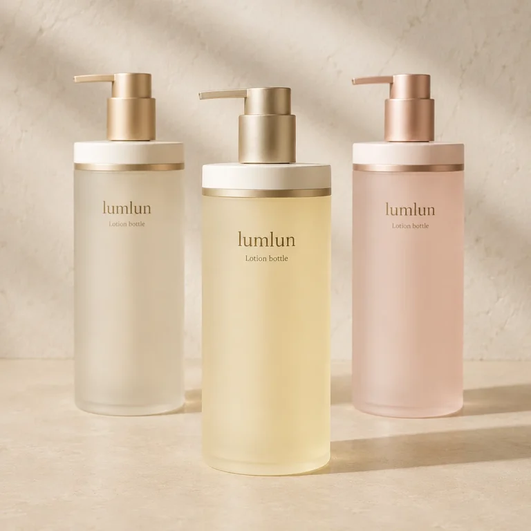 Three Lumlun pump bottles in soft white, yellow, and pink tones with metallic dispensers.
