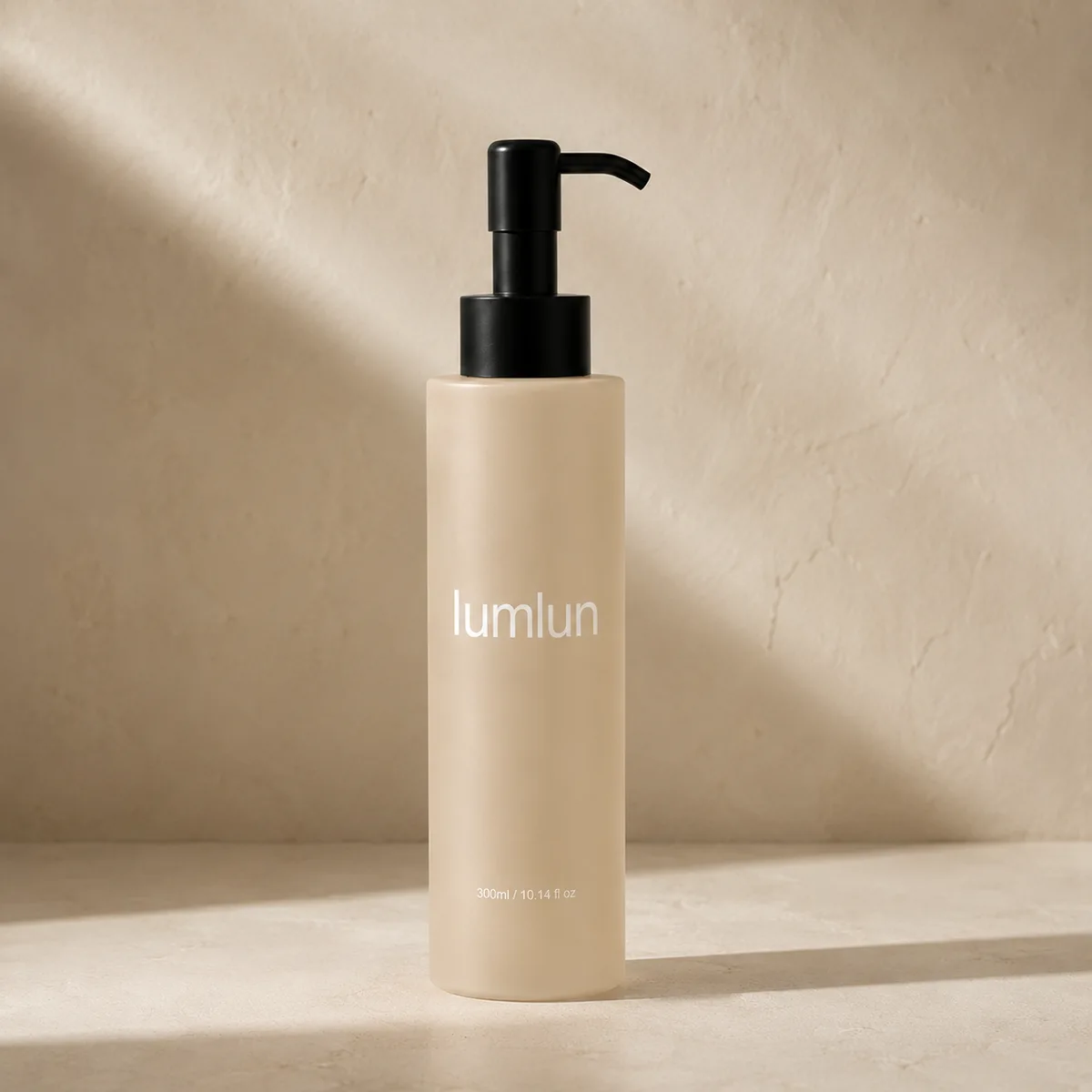 Single beige Lumlun cylinder lotion bottle with a black pump on a warm textured background.