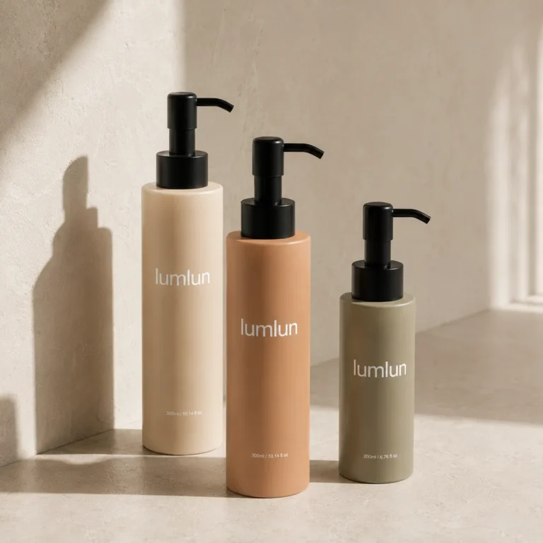 Three Lumlun cylinder lotion bottles in beige, terracotta, and olive with black pumps.