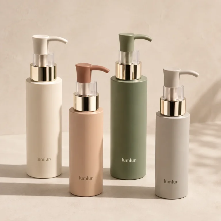 Four Lumlun lotion pump bottles in soft neutral colors with metallic collars and curved pump heads.