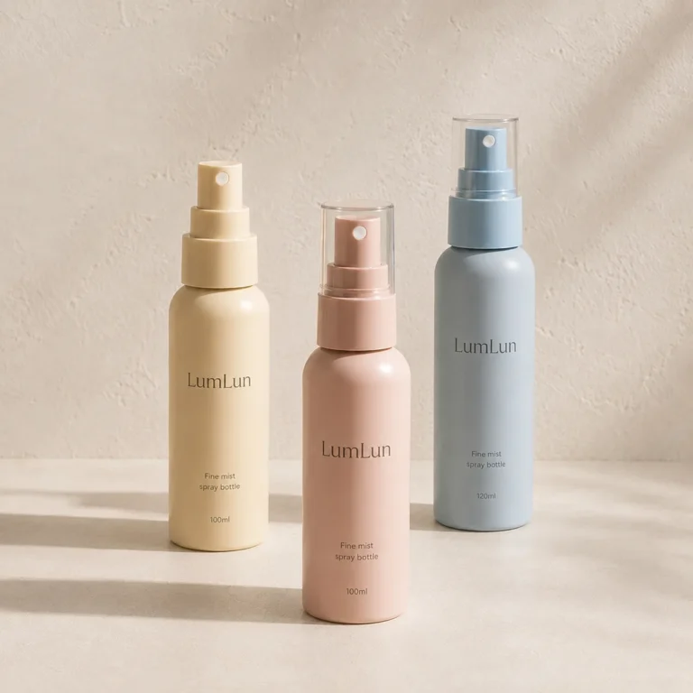 Three Lumlun PP fine mist spray bottles in yellow, pink, and blue with clear caps.