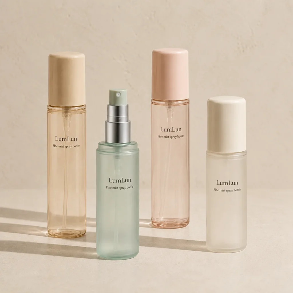 Four Lumlun fine mist spray bottles in translucent beige, green, pink, and frosted white finishes.