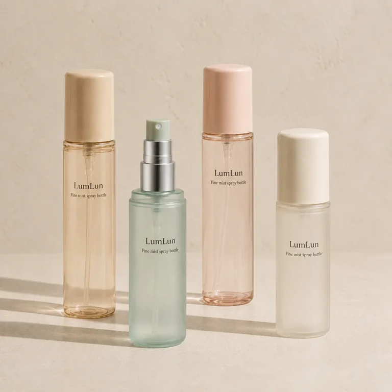 Four Lumlun fine mist spray bottles in translucent beige, green, pink, and frosted white finishes.