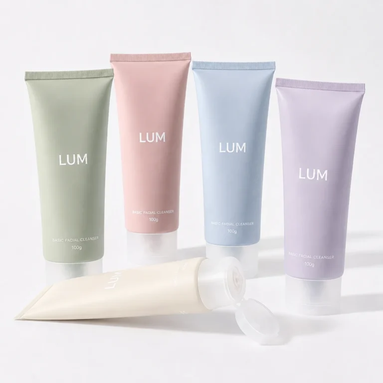 Five LumLun 100ml cosmetic soft tubes in pastel colors arranged in a clean studio group display.