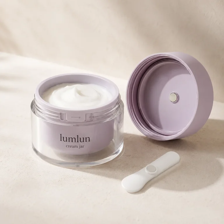 Lavender Lumlun cream jar with open lid, visible inner magnet, white cream, and spatula nearby.