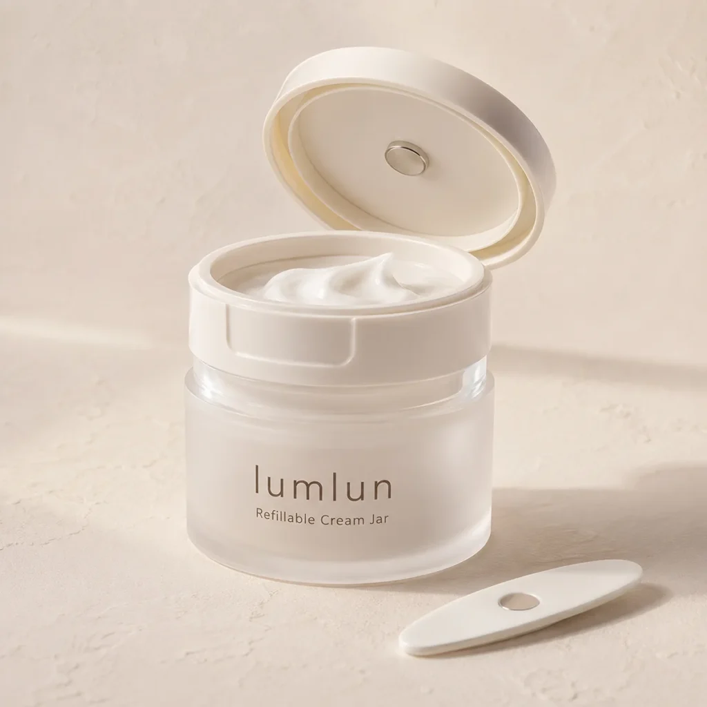White Lumlun refillable cream jar shown open with cream inside and a magnetic spatula nearby.