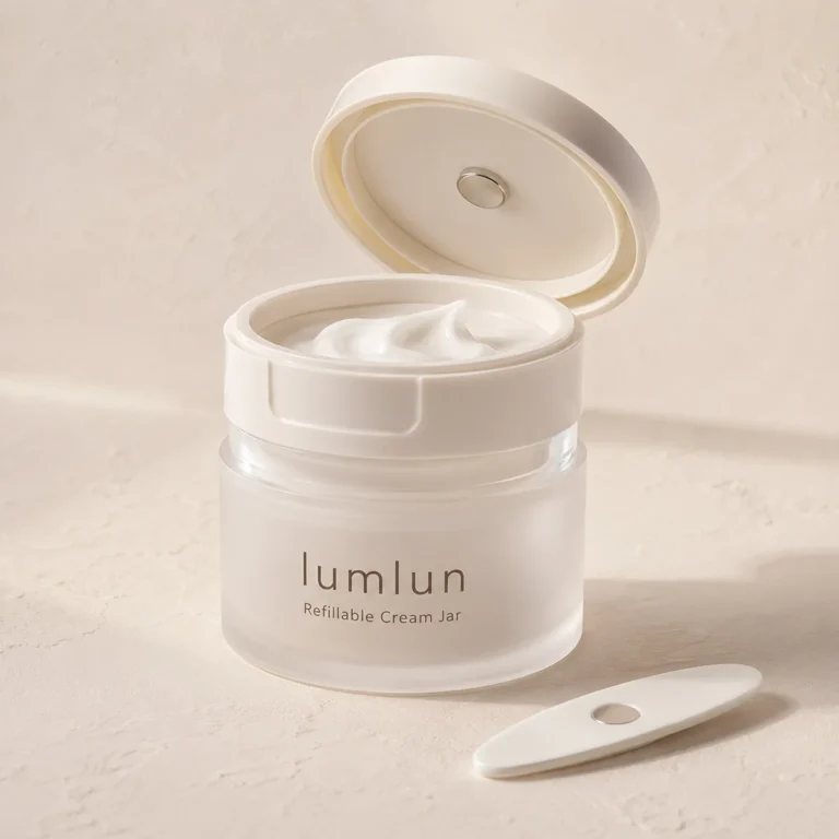 White Lumlun refillable cream jar shown open with cream inside and a magnetic spatula nearby.