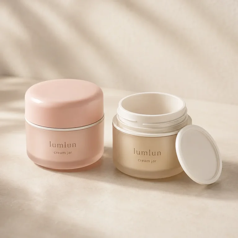Lumlun cream jars in pink and cream with one open threaded jar and detached lid.