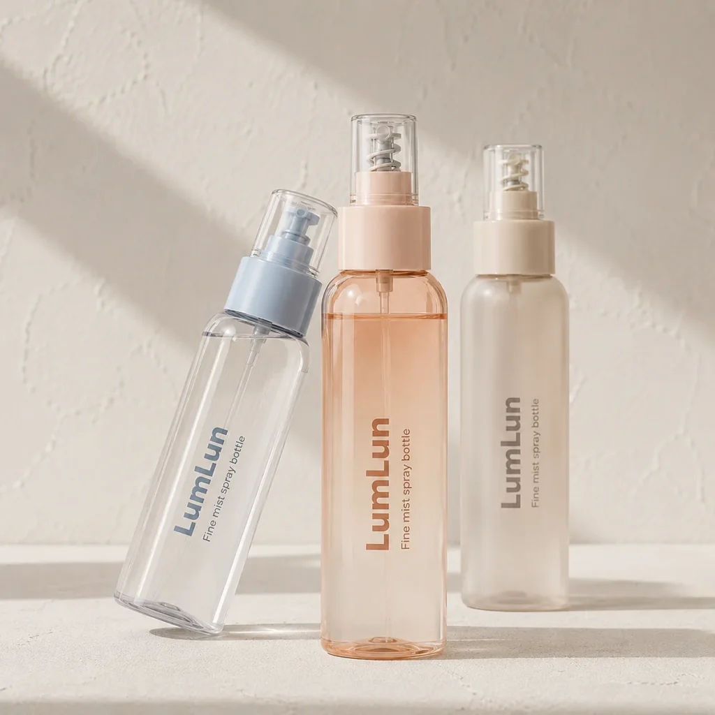 Lumlun 120ml PP fine mist spray bottles in clear blue, peach, and frosted beige with visible overcaps.
