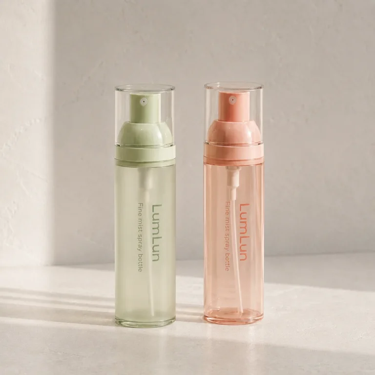 Two Lumlun fine mist spray bottles in translucent green and pink with clear caps.