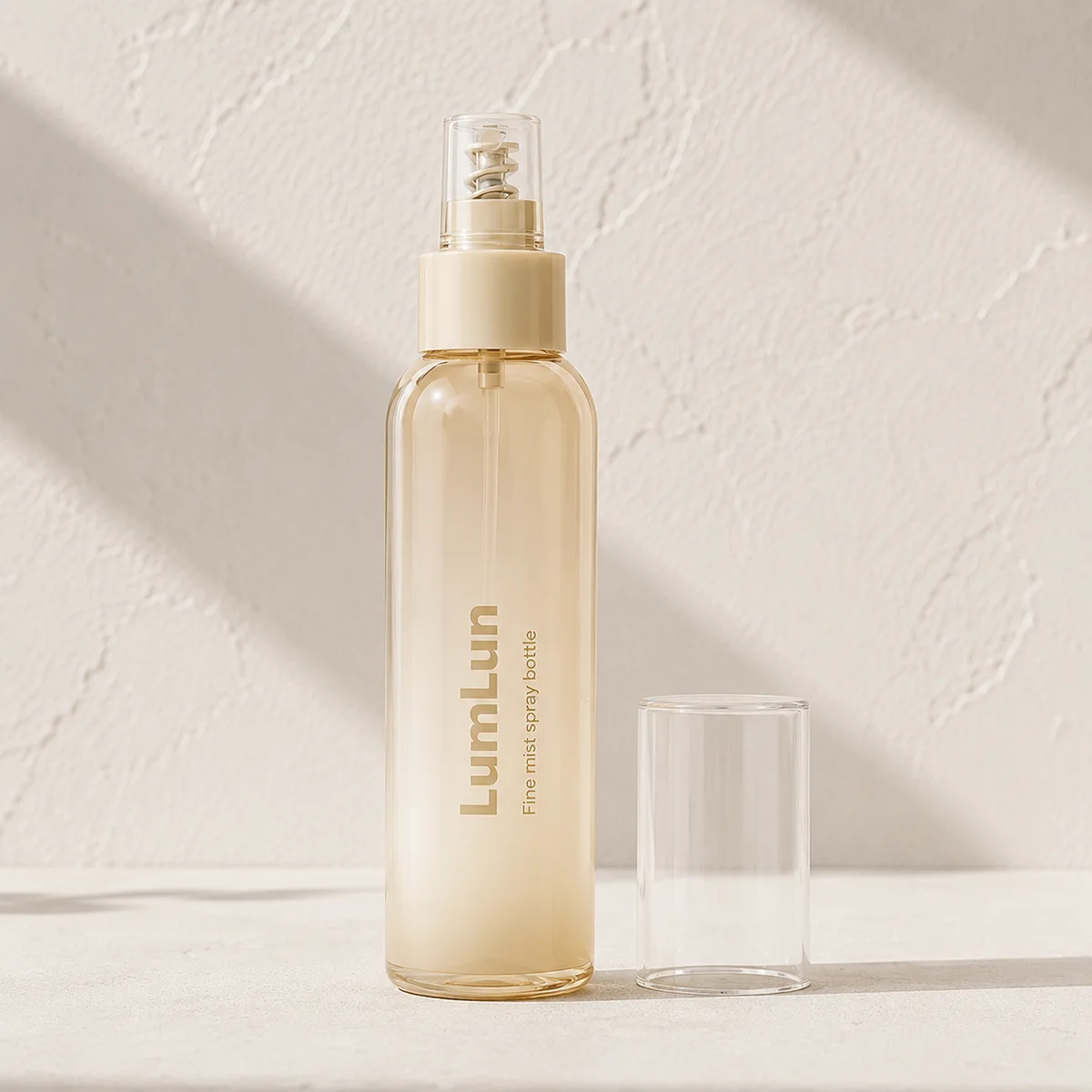 Single Lumlun 120ml PP fine mist spray bottle in soft yellow with a clear overcap placed beside it.