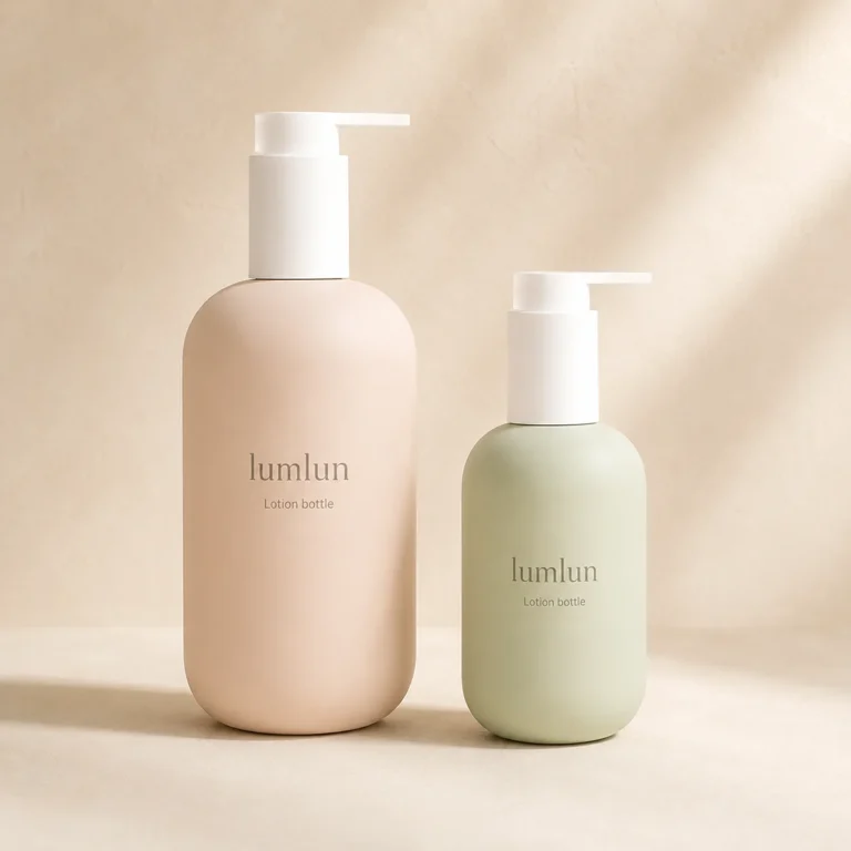 Pink and sage Lumlun lotion pump bottles shown side by side with white pump heads.