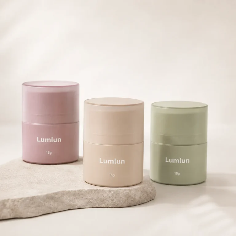 Three 15g PP compact round twist-up deodorant stick containers in dusty pink, beige and sage green