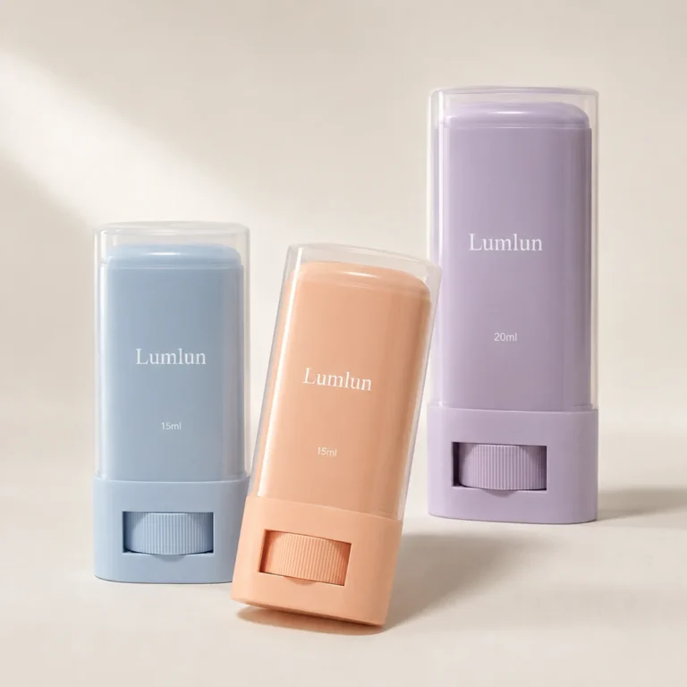 Three 15ml and 20ml PP deodorant stick containers in blue, peach and purple with clear caps and recessed wheels