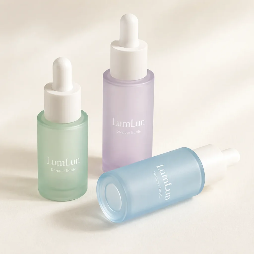Lumlun PET dropper bottle set in green, purple, and blue with one blue bottle laid down.