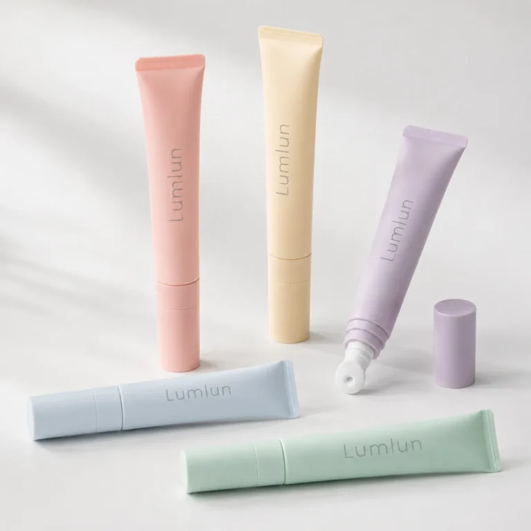 Five pastel 15ml PE lip balm squeeze tubes with ceramic applicators, including one tube shown open