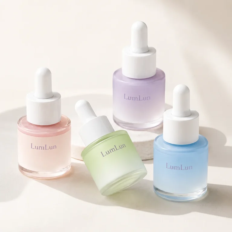 Lumlun 15ml flat shoulder glass dropper bottles in pink, green, blue, and purple with mixed angled placement.