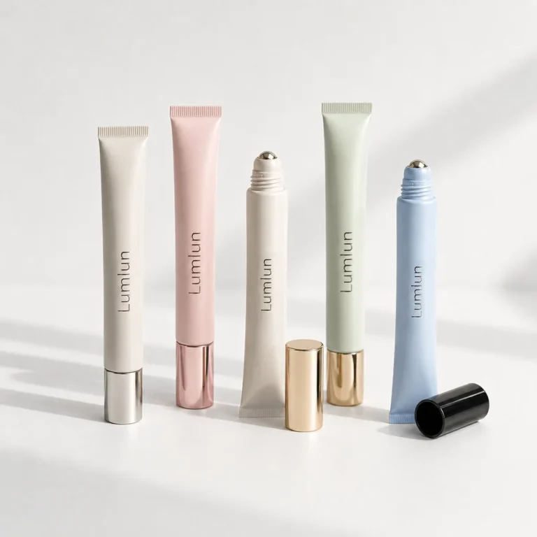 Five LumLun 15ml rollerball eye serum soft tubes in pastel colors arranged upright in a clean studio composition.