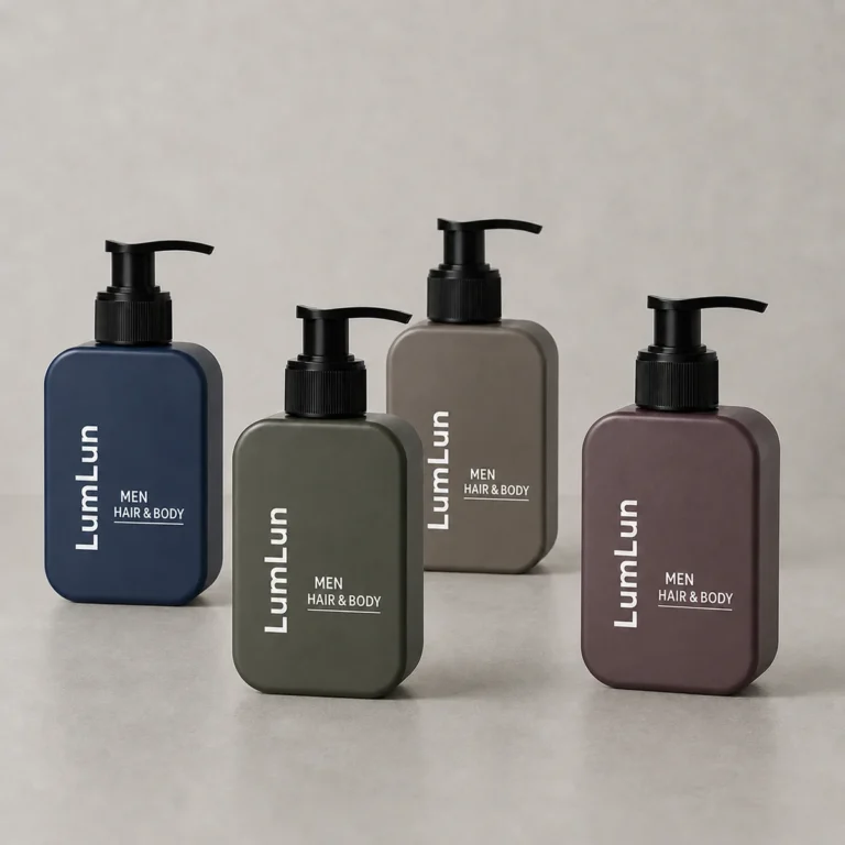 Four Lumlun square pump bottles in navy, olive, taupe, and burgundy for men’s hair and body care.